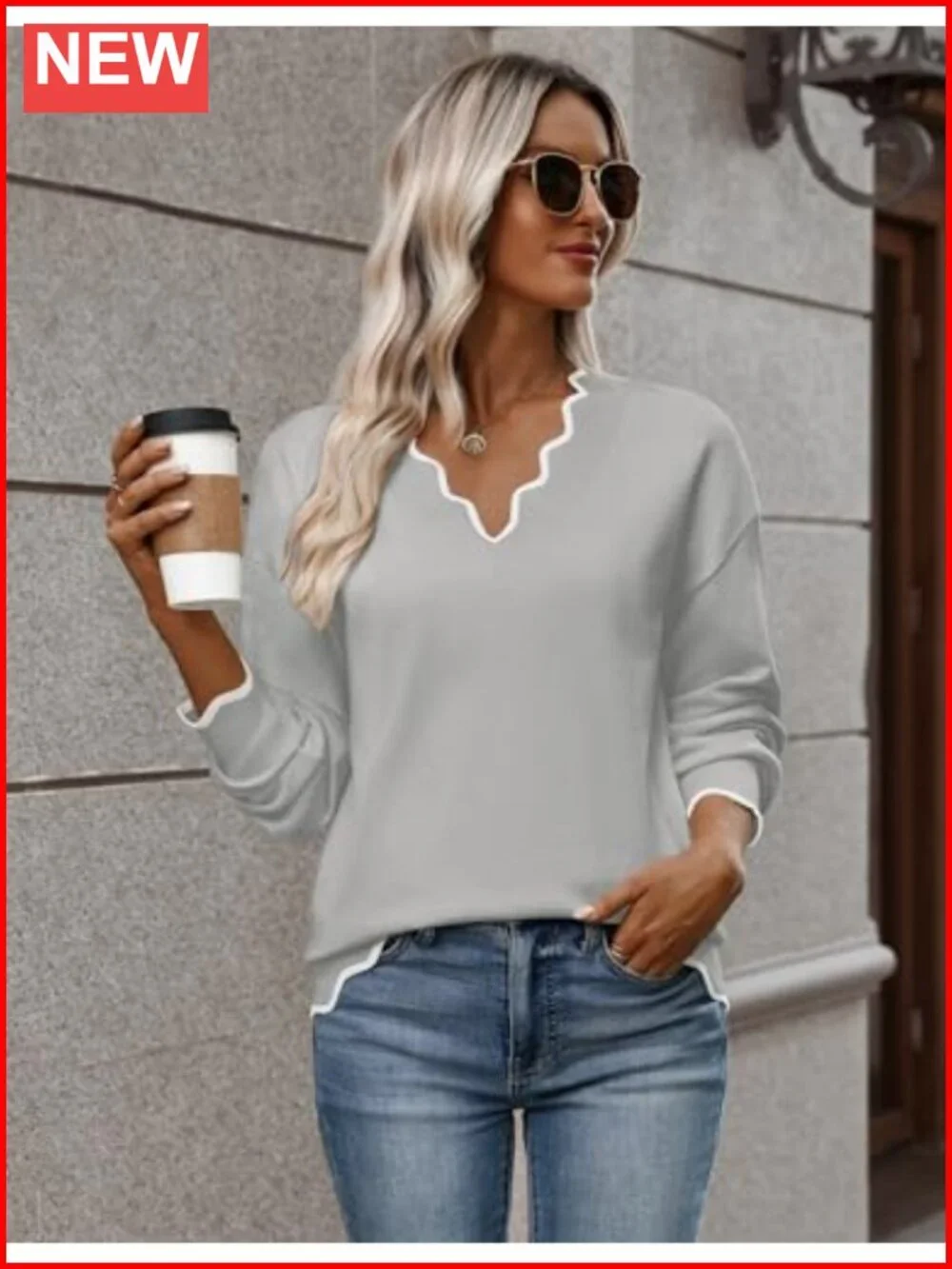 V Neck Long Sleeve Lightweight Knit Pullover Sweater Casual Loose Fit